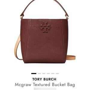 Tory Burch Textured Bucket Bag in Deep Brown with Tan Strap